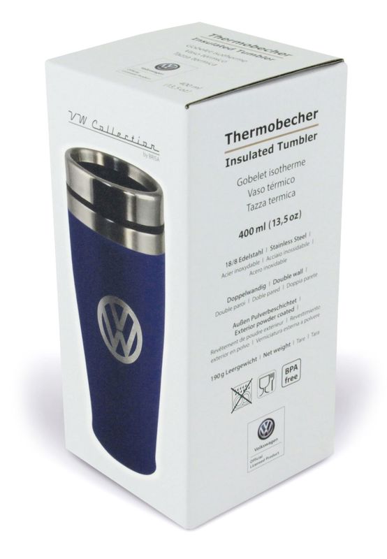 Volkswagen VW Stainless Steel Insulated Tumbler, double-walled, 450ml in Gift Box - Logo/Blue