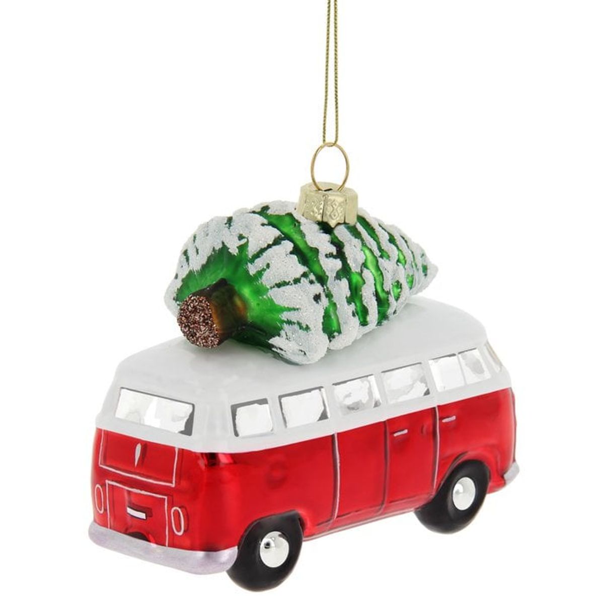 Volkswagen VW T1 Bus Glass Decoration / Christmas Ornament in Gift Box - Red with Tree
