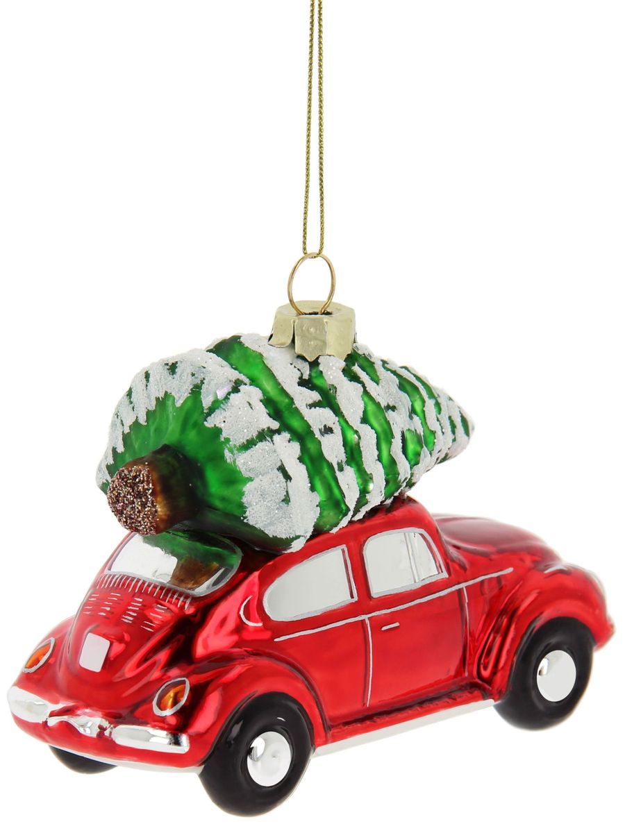 Volkswagen VW Beetle Glass Decoration / Christmas Ornament in Gift Box - Red with Tree