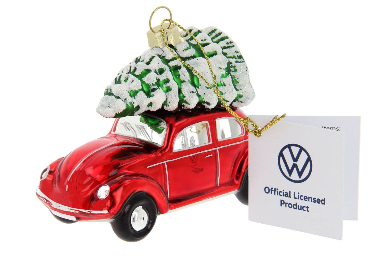 Volkswagen VW Beetle Glass Decoration / Christmas Ornament in Gift Box - Red with Tree